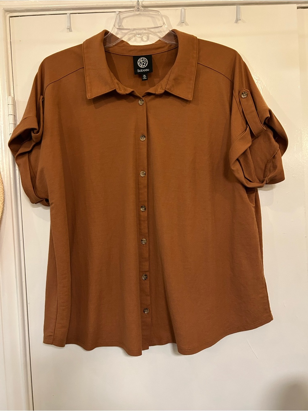 Bobeau Women's Button-Down Shirt in Rich Copper with Roll-Tab Sleeves
